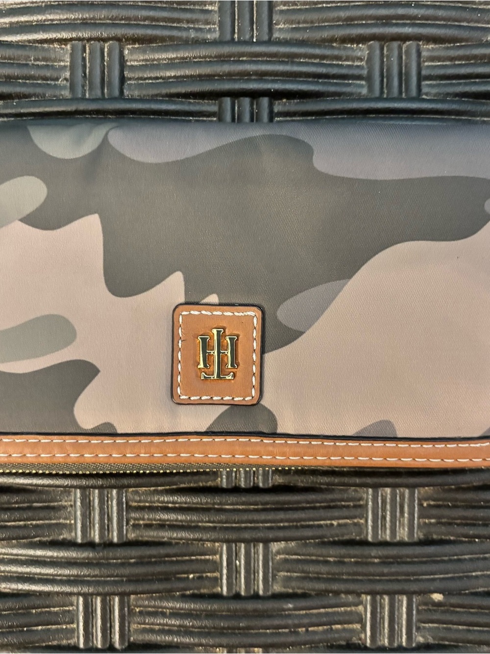 Tommy Hilfiger Gray Camo Clutch with Brown Trim and Logo Patch
